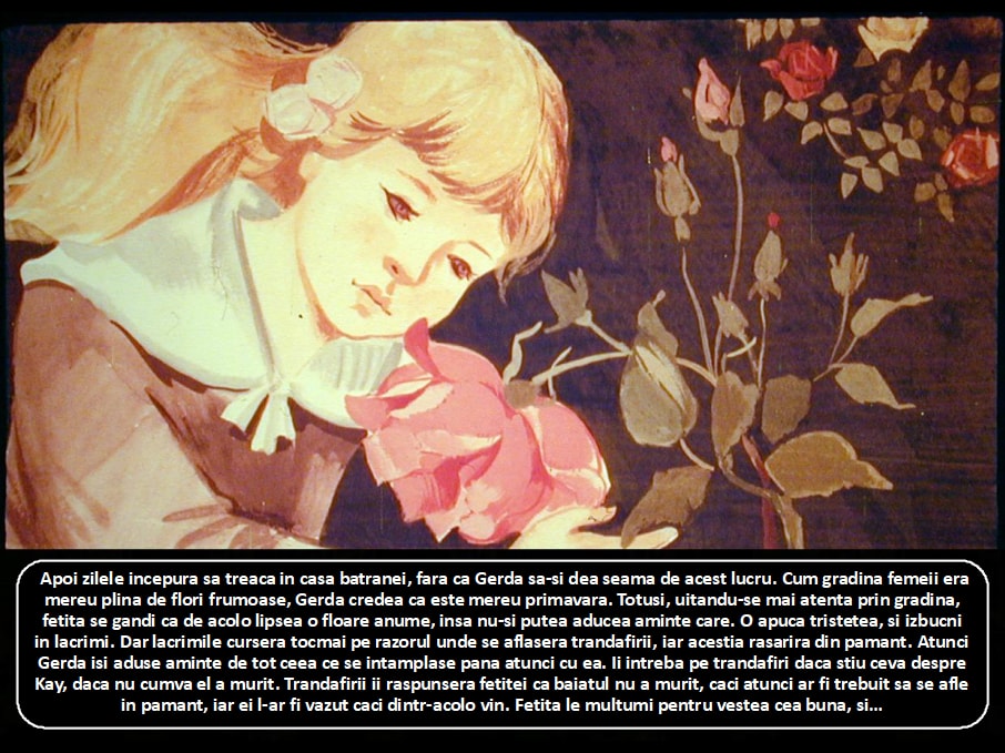 O ilustrare a unei fete blonde care priveste o floare, înconjurată de trandafiri.