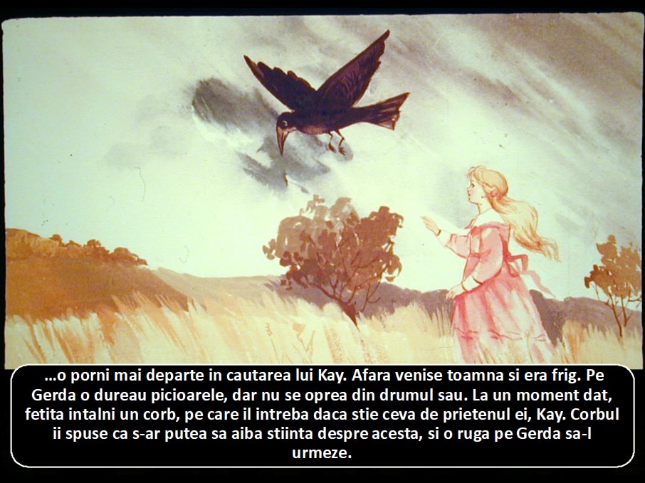 O ilustrație care prezintă o fată cu părul lung și un corb zburând deasupra ei în peisajul toamnei.