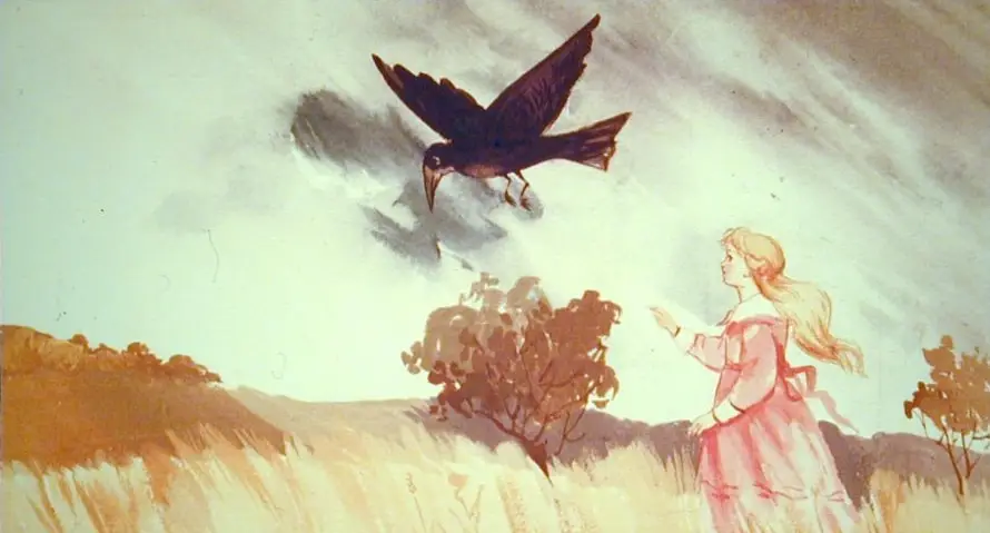 O ilustrație care prezintă o fată cu părul lung și un corb zburând deasupra ei în peisajul toamnei.
