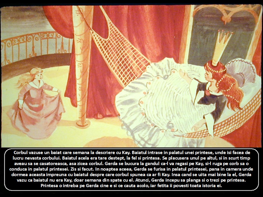 Ilustrație dintr-o poveste, cu o fetiță și o prințesă, în fundal o cameră de palat.