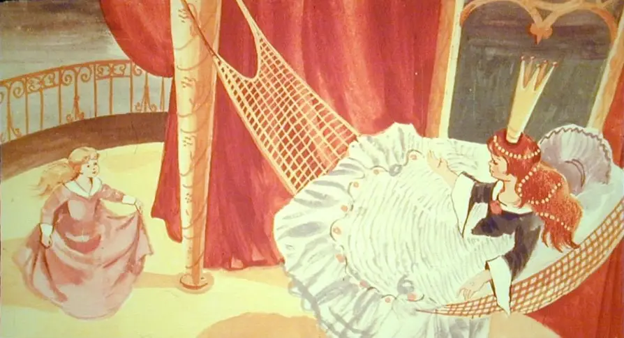 Ilustrație dintr-o poveste, cu o fetiță și o prințesă, în fundal o cameră de palat.