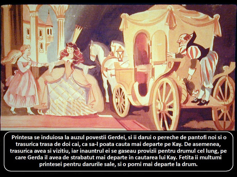 Ilustratie cu o scena din poveste, in care o printesa ofera o trasurica si pantofi unei fete. Fata multumeste printesei inainte de a pleca.