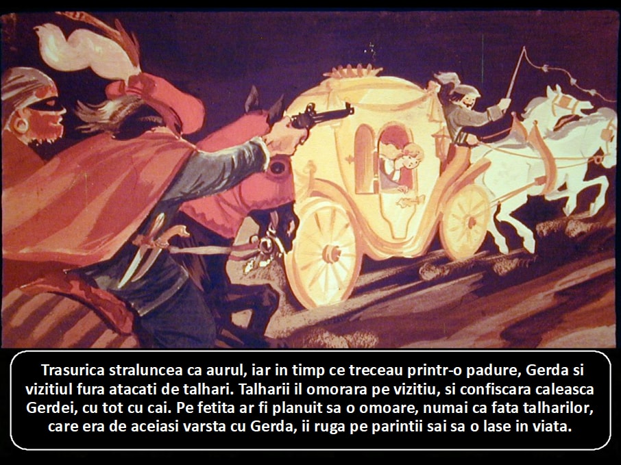 O ilustrare care prezinta o scena dintr-o poveste, cu un car tras de doi cai, talhari si o fata, in timp ce se afla intr-o padure.