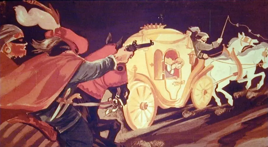 O ilustrare care prezinta o scena dintr-o poveste, cu un car tras de doi cai, talhari si o fata, in timp ce se afla intr-o padure.