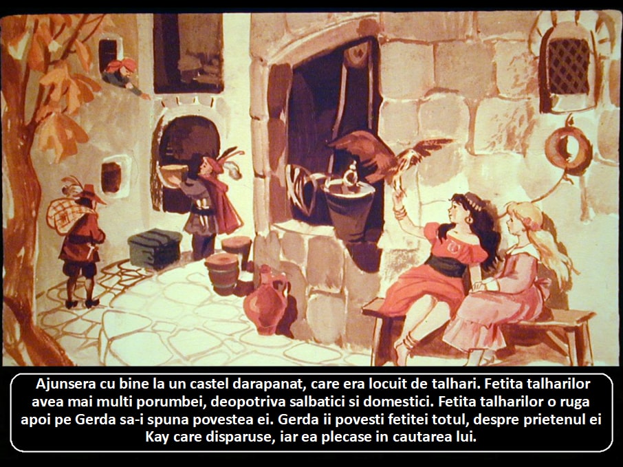 Ilustrație care reprezintă o scenă dintr-o poveste, cu personaje și un castel vechi, în care o fetiță povestește despre prietenul ei dispărut.