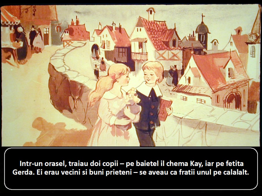 Ilustrație cu doi copii care discută într-un orășel cu case colorate în fundal.