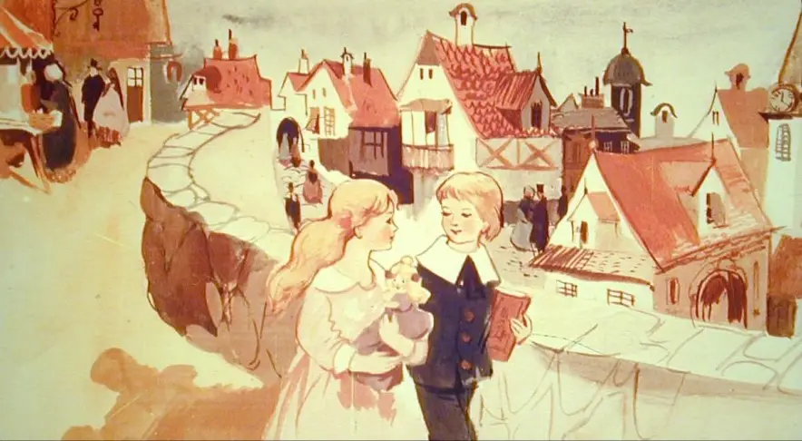 Ilustrație cu doi copii care discută într-un orășel cu case colorate în fundal.