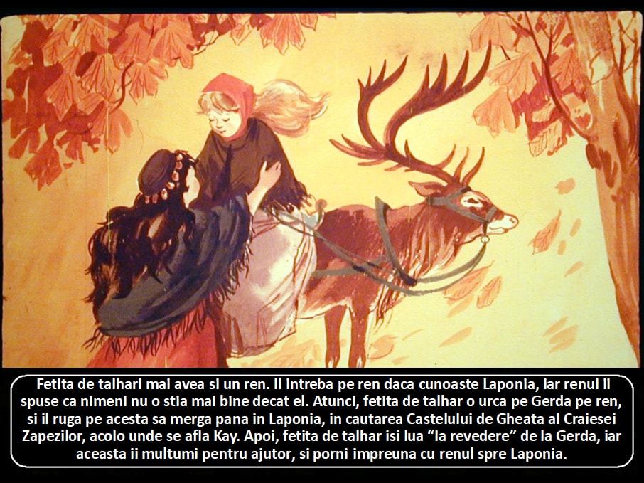 O ilustrare cu o fetita care discuta cu un ren in Laponia, inconjurata de un peisaj de iarna colorat.