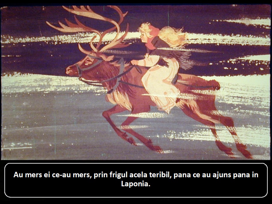 Imagine artistică cu o femeie călărind un ren printr-un peisaj de iarnă, cu un text descriptiv la bază.