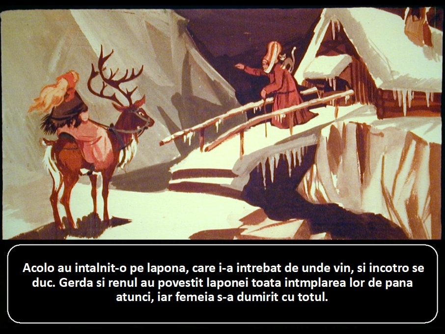 Ilustrație dintr-o poveste, arătând o femeie pe un ren care vorbește cu o lapona pe un fundal de peisaj înghețat.