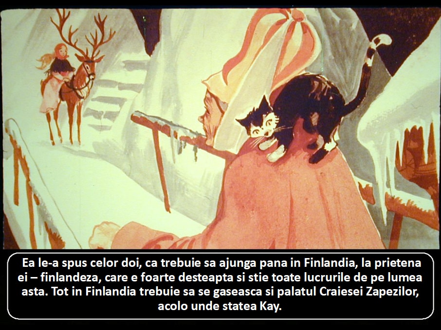 Ilustrație cu un om care poartă o pătură și un animal, în care se vorbește despre o călătorie în Finlandia și o prietenă înțeleaptă.