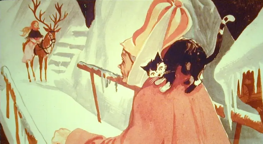 Ilustrație cu un om care poartă o pătură și un animal, în care se vorbește despre o călătorie în Finlandia și o prietenă înțeleaptă.