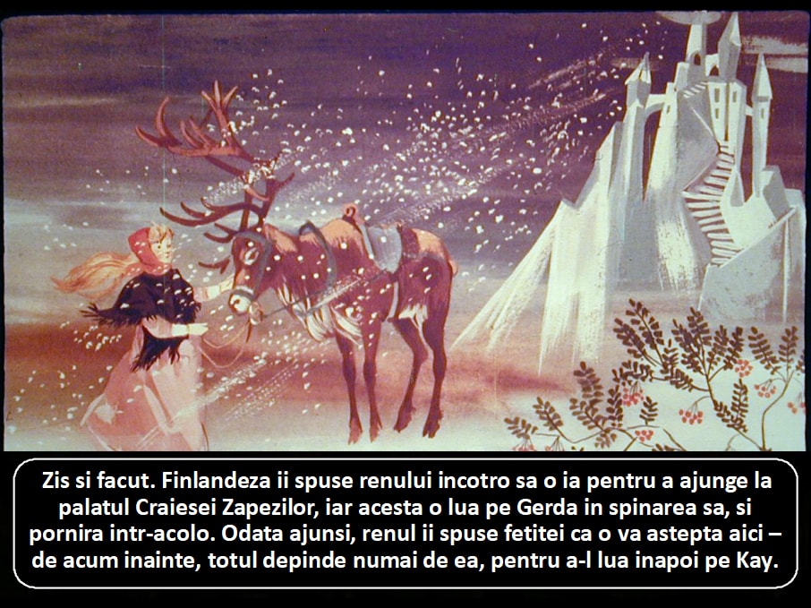 Ilustrație cu o femeie și un ren într-un peisaj de iarnă, evidențiind un moment dintr-o poveste.