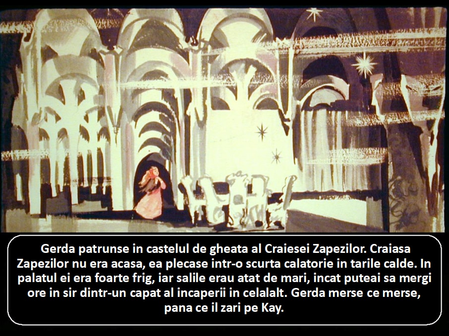 Ilustrație cu Gerda în castelul de gheață al Craiesei Zăpezilor, înconjurată de arhitectură rece și un decor impresionant.