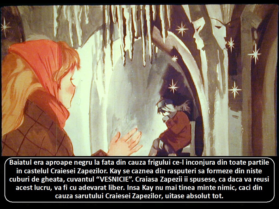 Ilustrație din povestea Craiasa Zapezilor, arătând un băiat și o fată într-un peisaj rece, discutând despre efectele frigului.