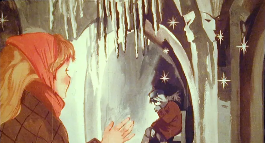 Ilustrație din povestea Craiasa Zapezilor, arătând un băiat și o fată într-un peisaj rece, discutând despre efectele frigului.