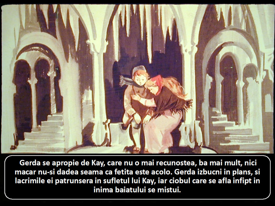 Ilustrație a lui Gerda care se apropie de Kay, într-un cadru care sugerează emoție și dorința de a reconecta.