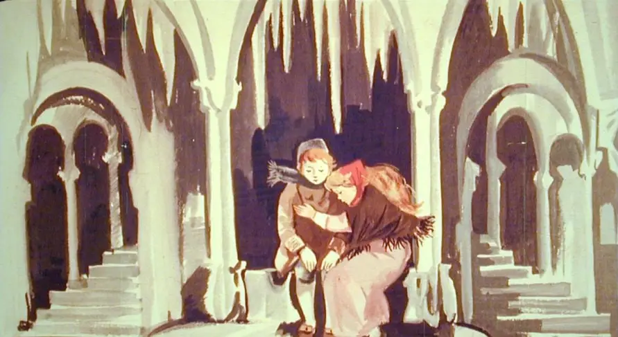 Ilustrație a lui Gerda care se apropie de Kay, într-un cadru care sugerează emoție și dorința de a reconecta.