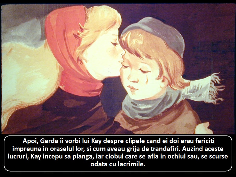 Imagine care ilustrează o scenă emoționantă între doi copii, însoțită de un text despre amintiri fericite și tristețe.