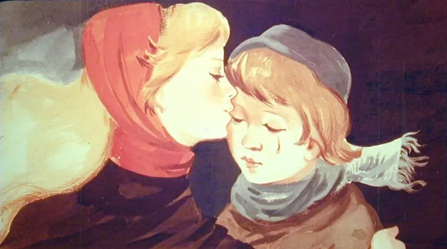 Imagine care ilustrează o scenă emoționantă între doi copii, însoțită de un text despre amintiri fericite și tristețe.