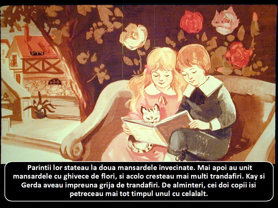 Ilustrație cu doi copii care citesc împreună, înconjurați de flori și trandafiri.