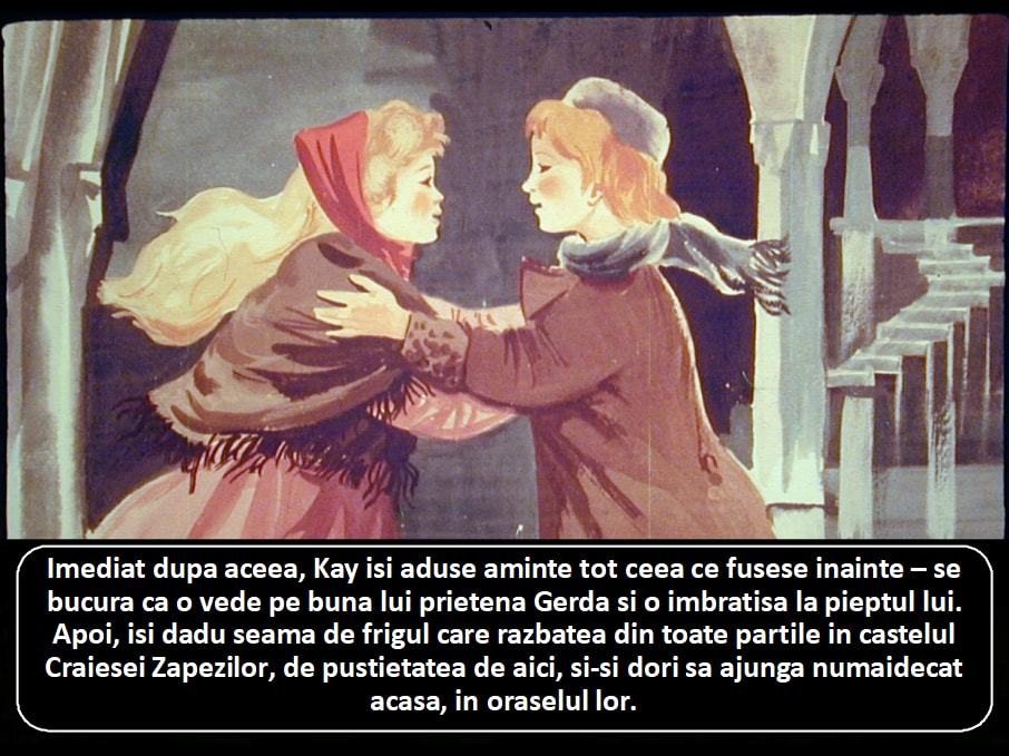 Ilustrație cu doi copii care se îmbrățișează, însoțită de text despre amintirile lui Kay și prietenia dintre el și Gerda.