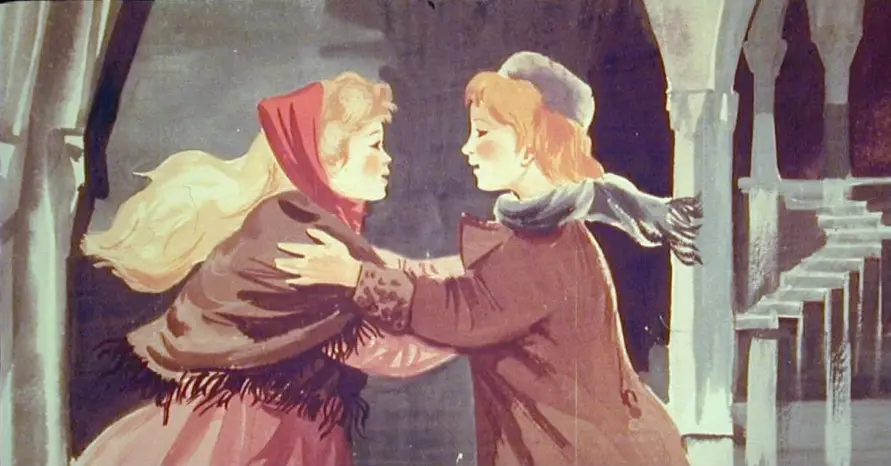 Ilustrație cu doi copii care se îmbrățișează, însoțită de text despre amintirile lui Kay și prietenia dintre el și Gerda.