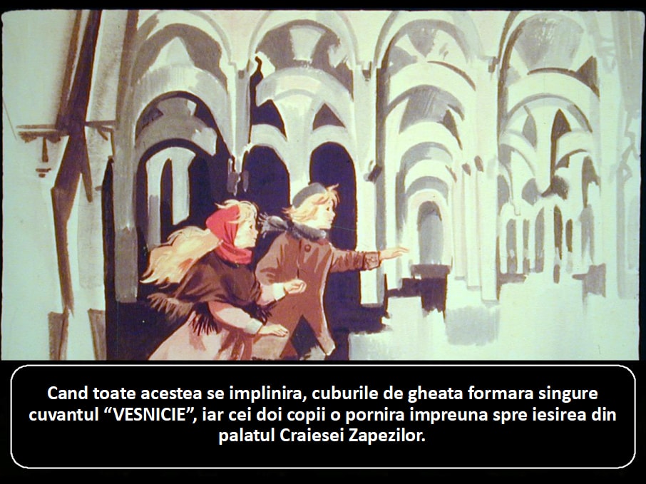 Ilustratie cu doi copii care se indreapta spre iesirea dintr-un palat, inconjurati de structuri de gheata.