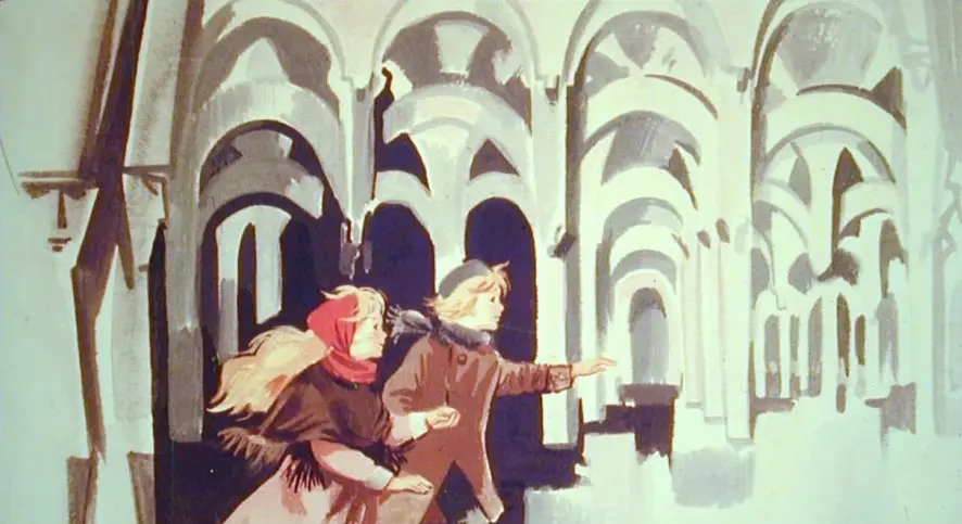 Ilustratie cu doi copii care se indreapta spre iesirea dintr-un palat, inconjurati de structuri de gheata.