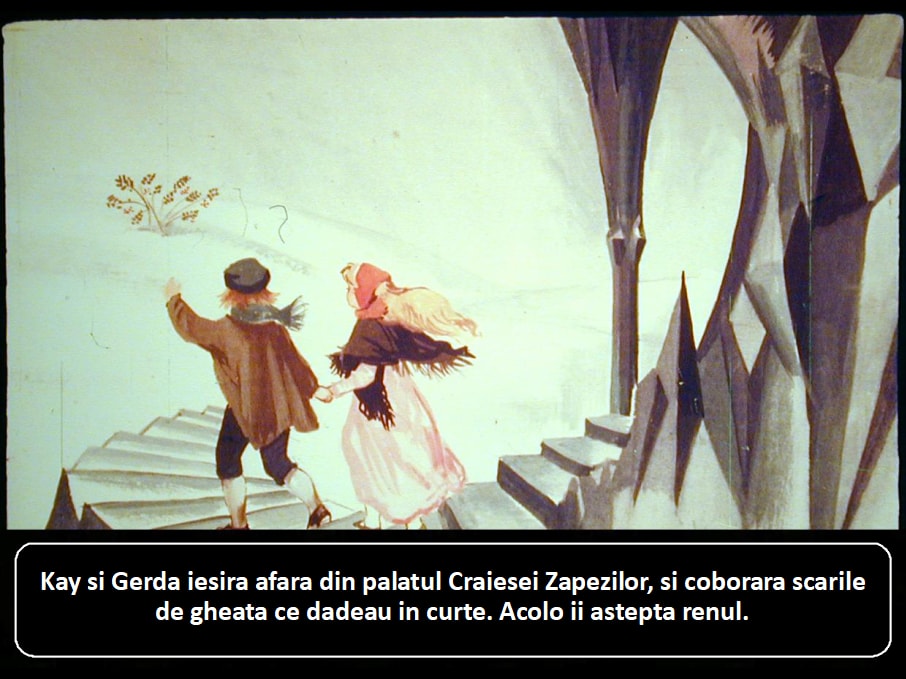 Ilustrație cu doi copii care ies dintr-un palat, cu o descriere a acțiunii lor.