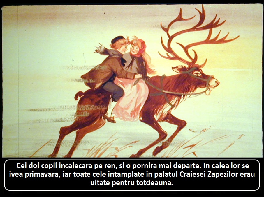 Ilustrație cu doi copii călărind un ren, însoțiți de un peisaj primăvăratic.