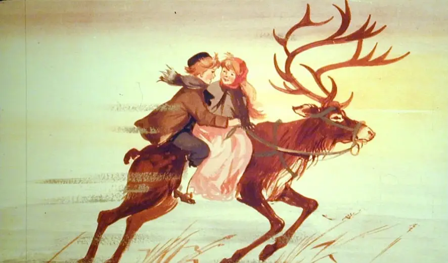 Ilustrație cu doi copii călărind un ren, însoțiți de un peisaj primăvăratic.