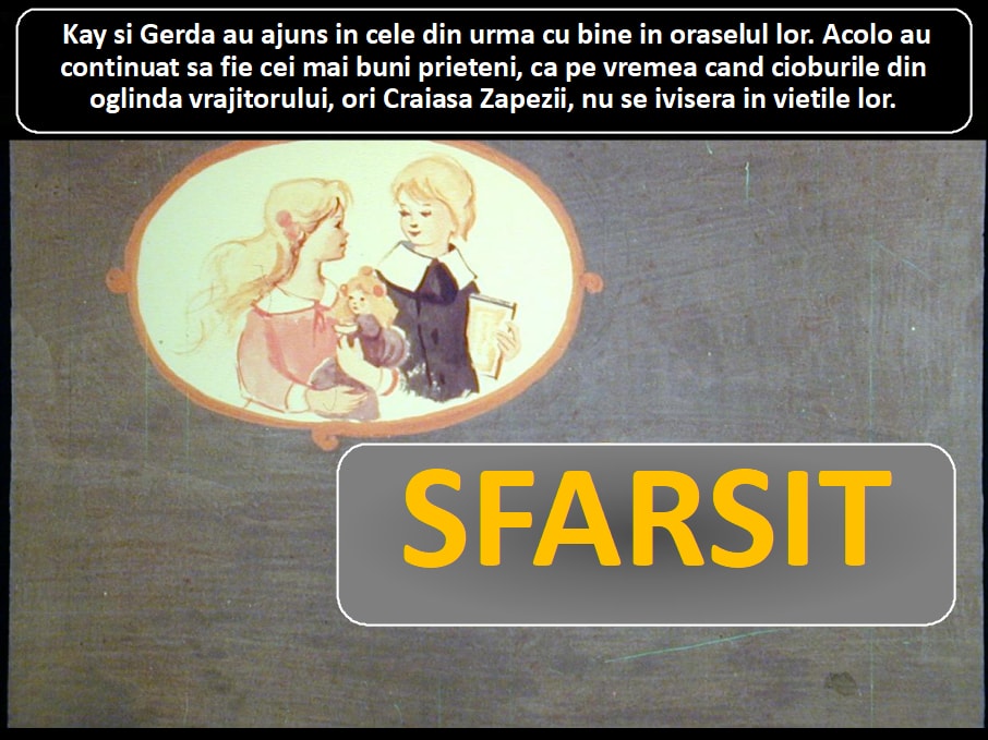 Imaginea ilustreaza o poveste despre Kay si Gerda, cu text in română ce descrie soarta lor.