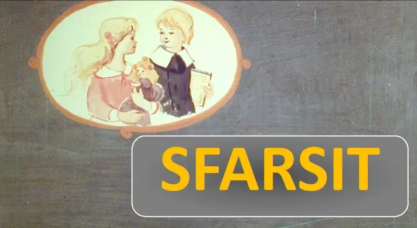 Imaginea ilustreaza o poveste despre Kay si Gerda, cu text in română ce descrie soarta lor.