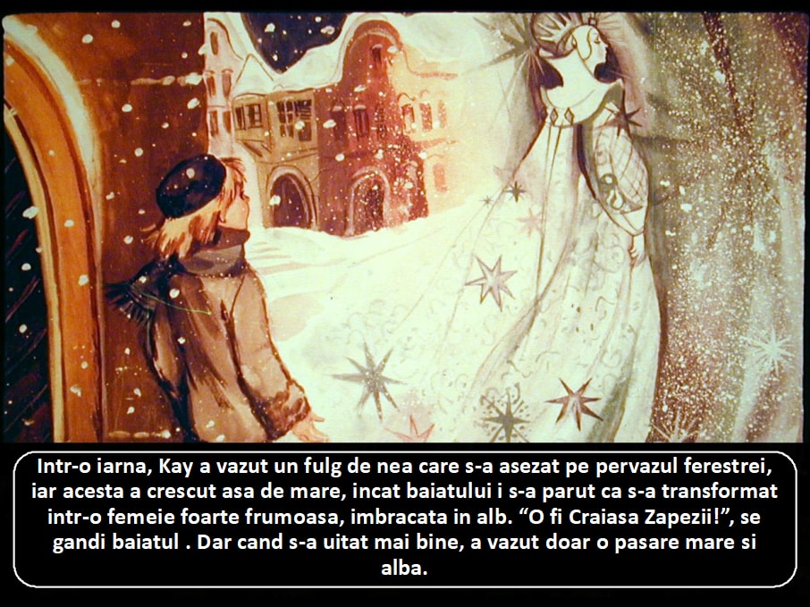 O scenă de iarnă ilustrează un băiat care observă un fulg de nea transformându-se într-o femeie frumoasă îmbrăcată în alb, dar ulterior realizează că este doar o pasăre mare și albă.