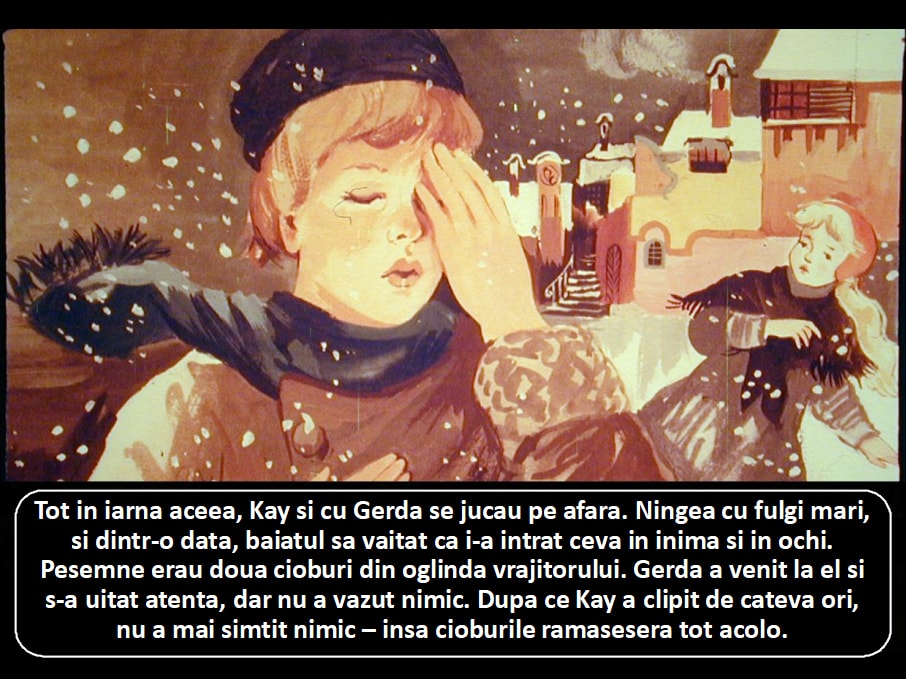 Ilustratie dintr-o poveste care arata doi copii jucandu-se afara in zapada, cu un fundal de iarna, descriind o experienta cu o oglinda vrajitoare.