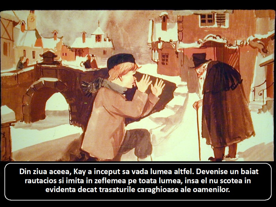 Ilustratie cu un baiat pe o strada de iarna, observand oamenii din jur, text narativ despre schimbarea perspectivei sale.