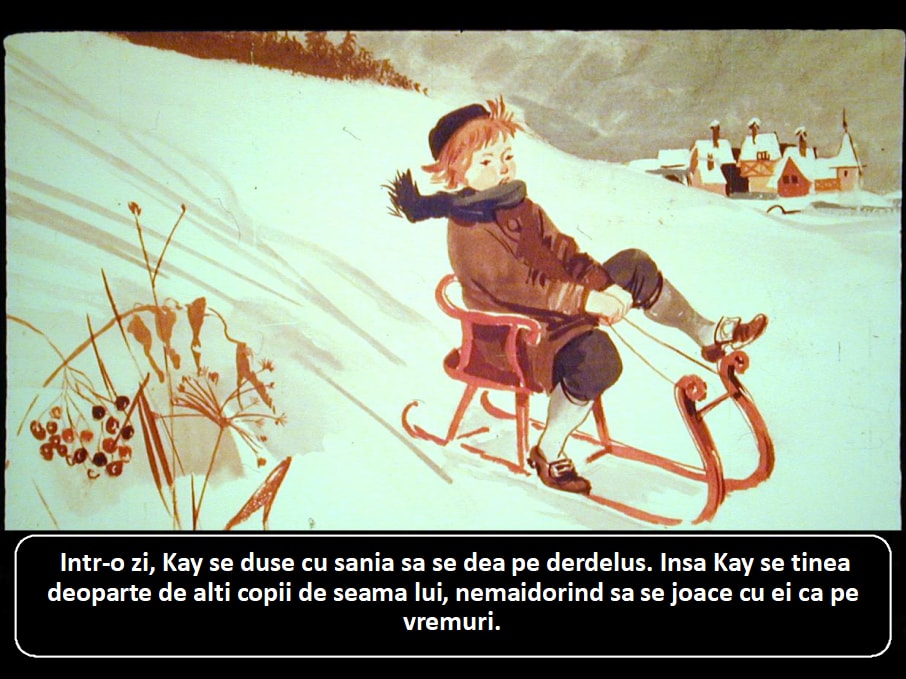 Ilustrație cu un băiat pe sanie, descriind o zi de iarnă în care se distrează singur, departe de ceilalți copii.
