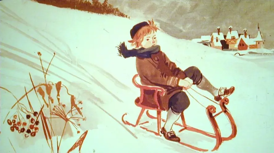 Ilustrație cu un băiat pe sanie, descriind o zi de iarnă în care se distrează singur, departe de ceilalți copii.
