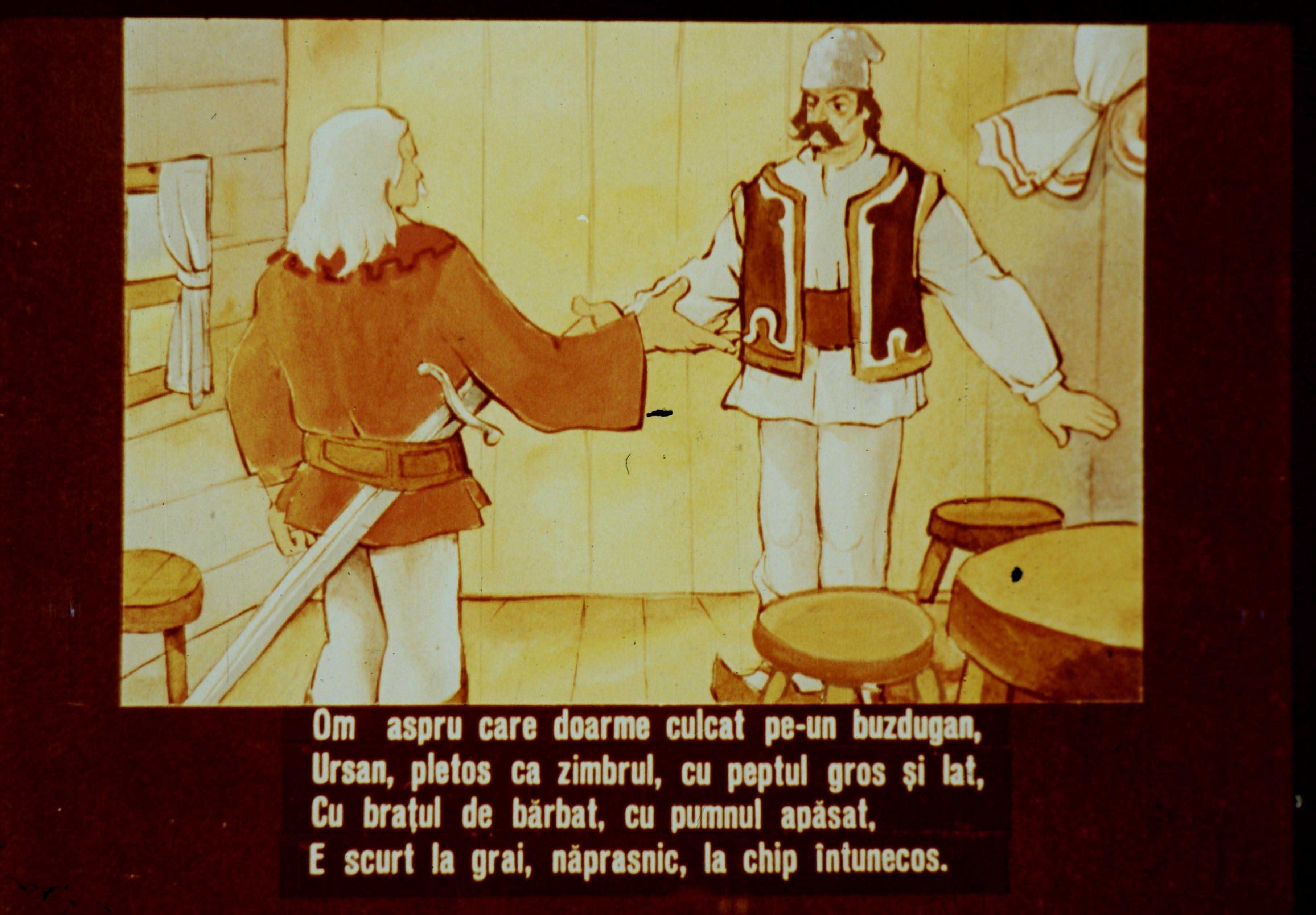 Textul descrie un personaj aspru și caracteristic într-o scenă ilustrată.