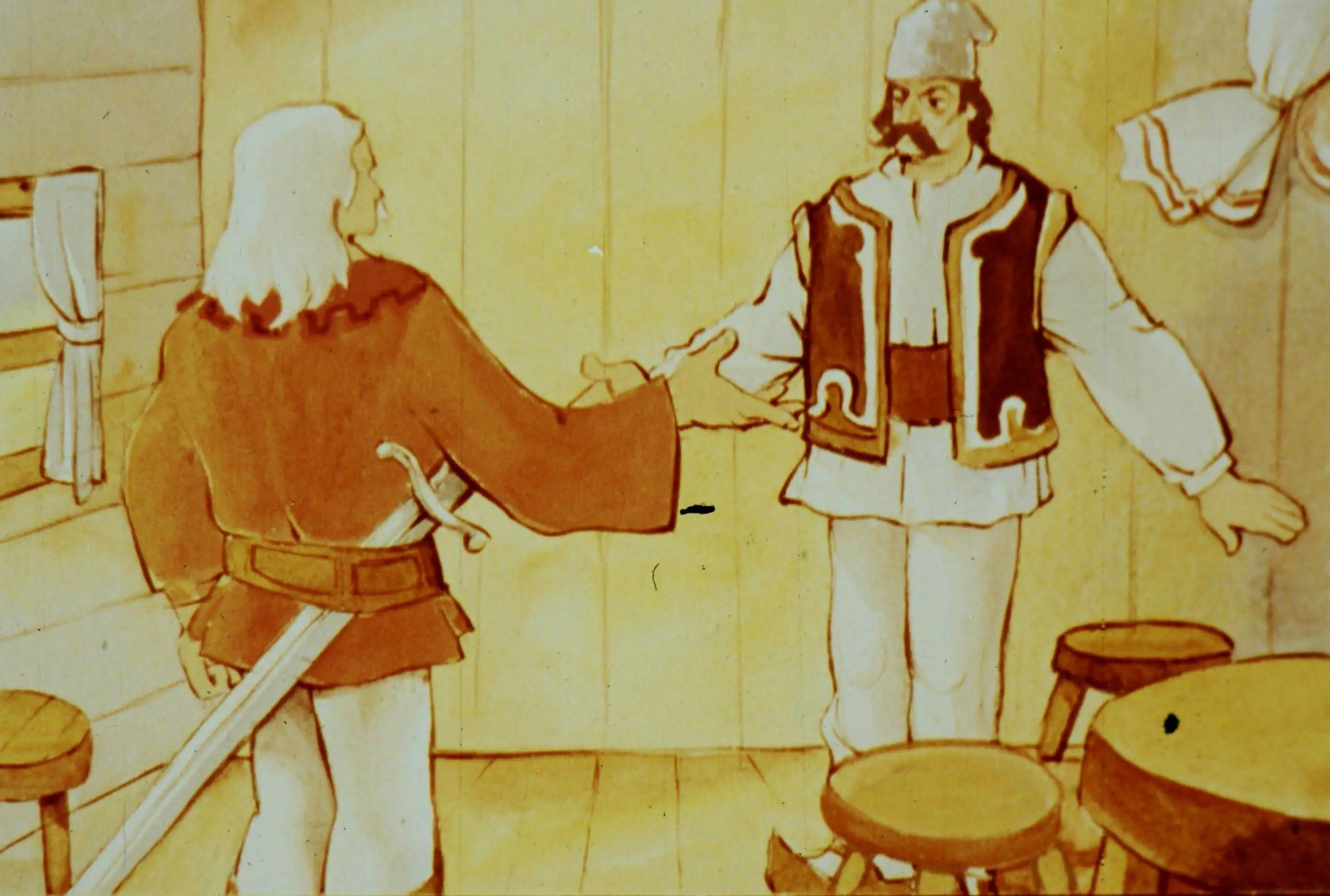 Textul descrie un personaj aspru și caracteristic într-o scenă ilustrată.