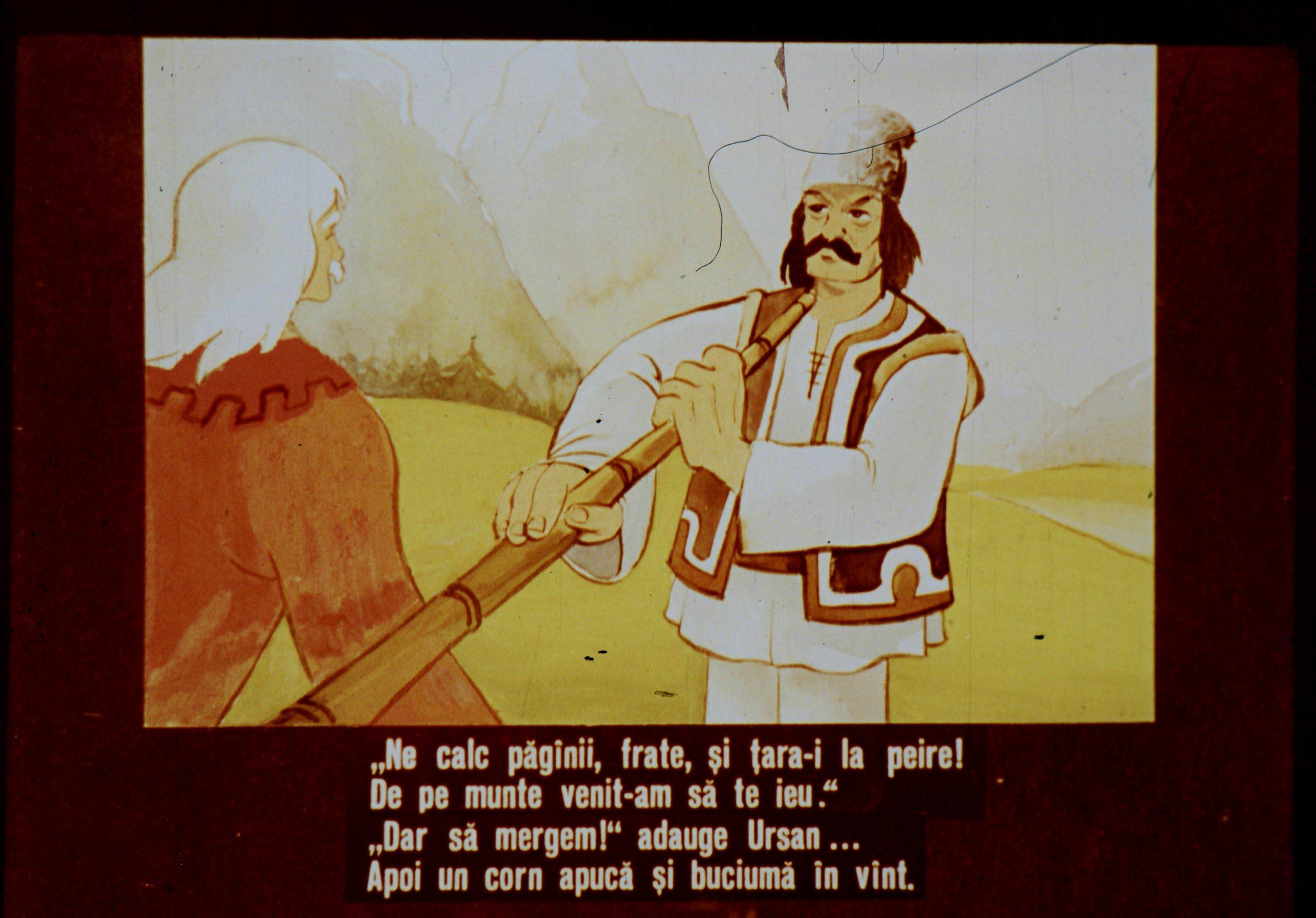 Un dialog ilustrat între doi bărbați, cu un peisaj de munte în fundal.