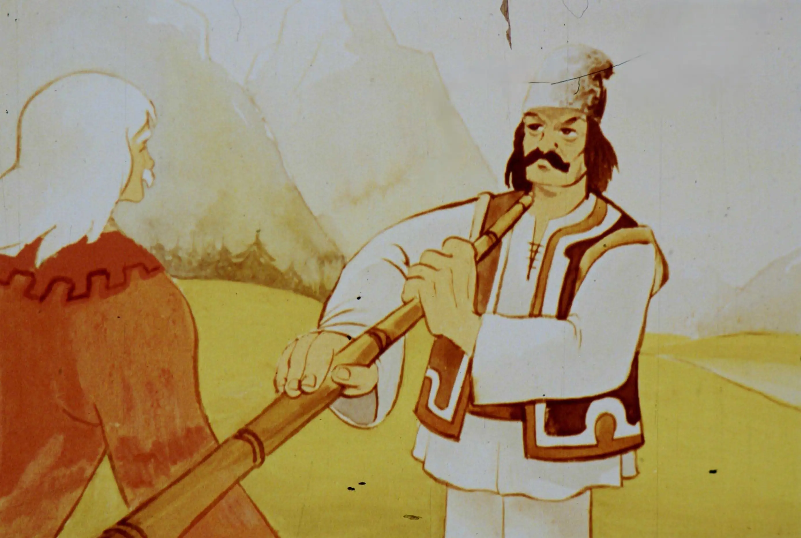 Un dialog ilustrat între doi bărbați, cu un peisaj de munte în fundal.