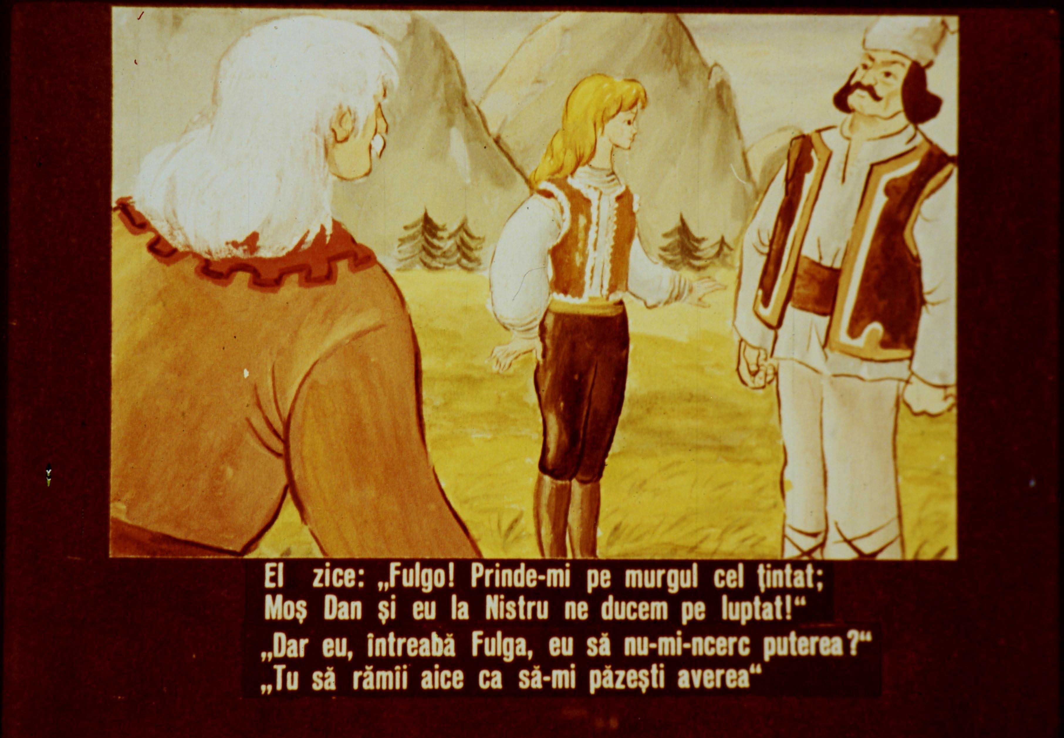 Ilustrație cu personaje în natură, discutând despre o misiune și având un dialog despre putere și protecție.