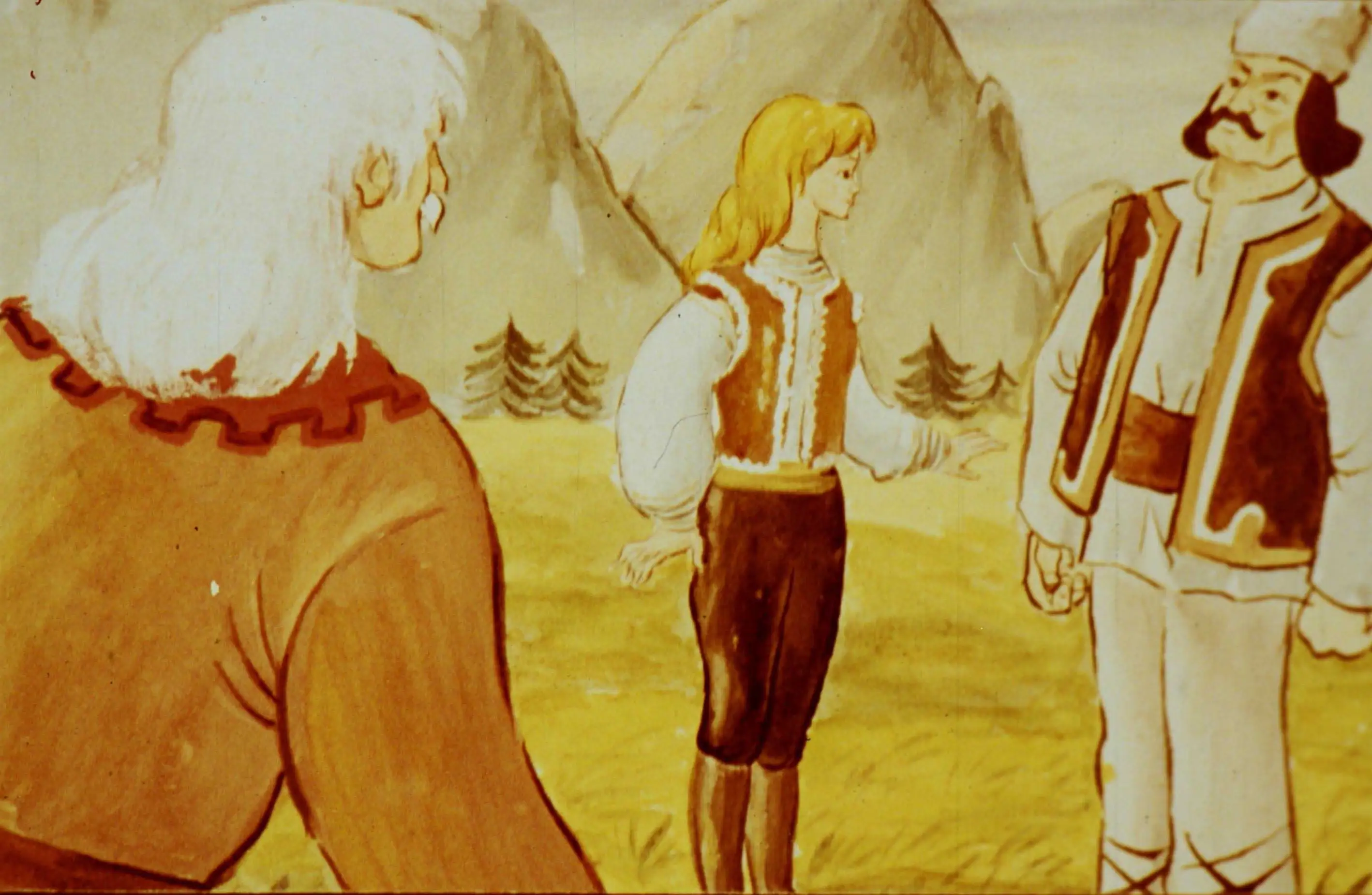 Ilustrație cu personaje în natură, discutând despre o misiune și având un dialog despre putere și protecție.