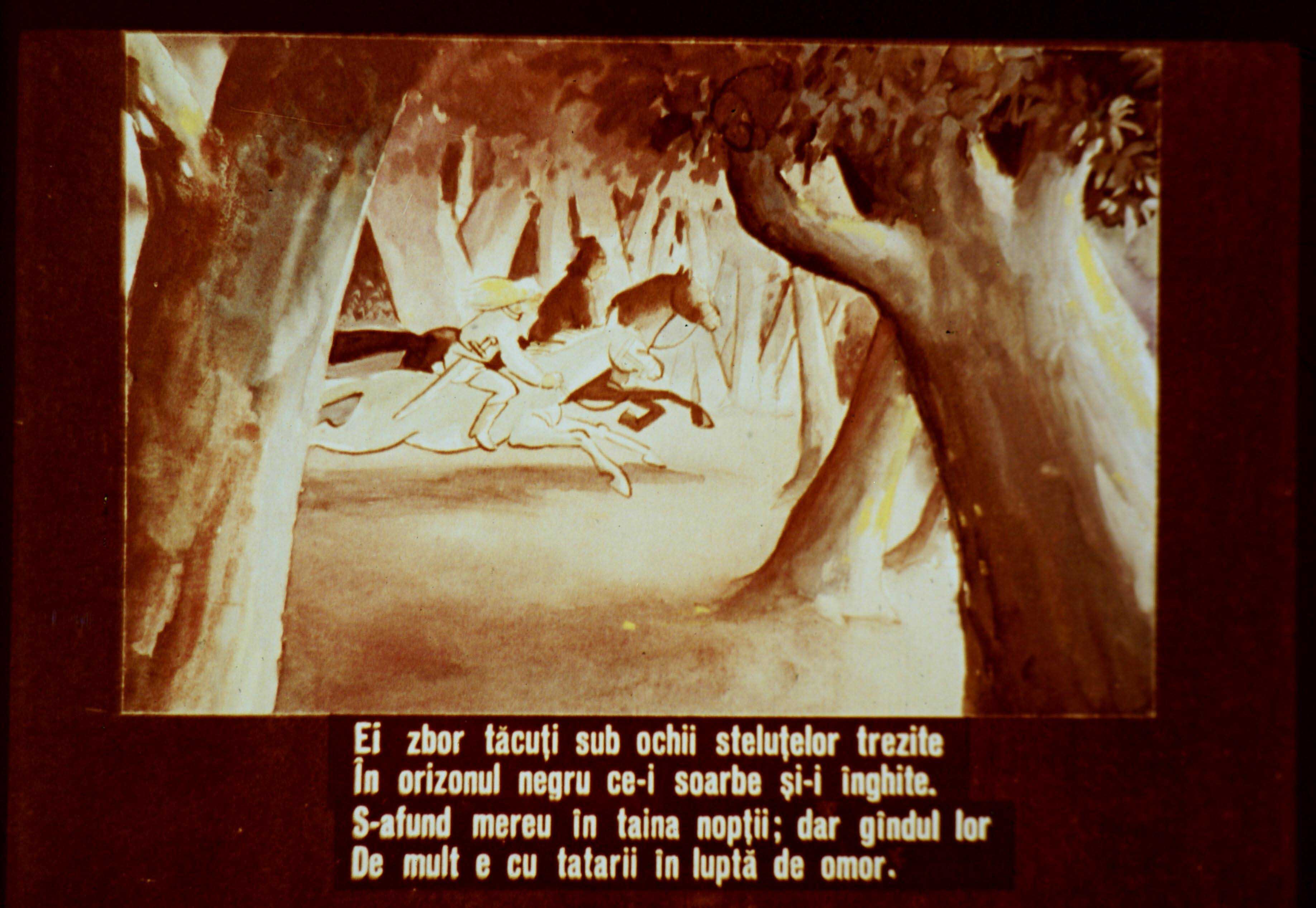 Imagine artistică de abia a unei persoane călare printr-o pădure, cu un text descriptiv în partea de jos.