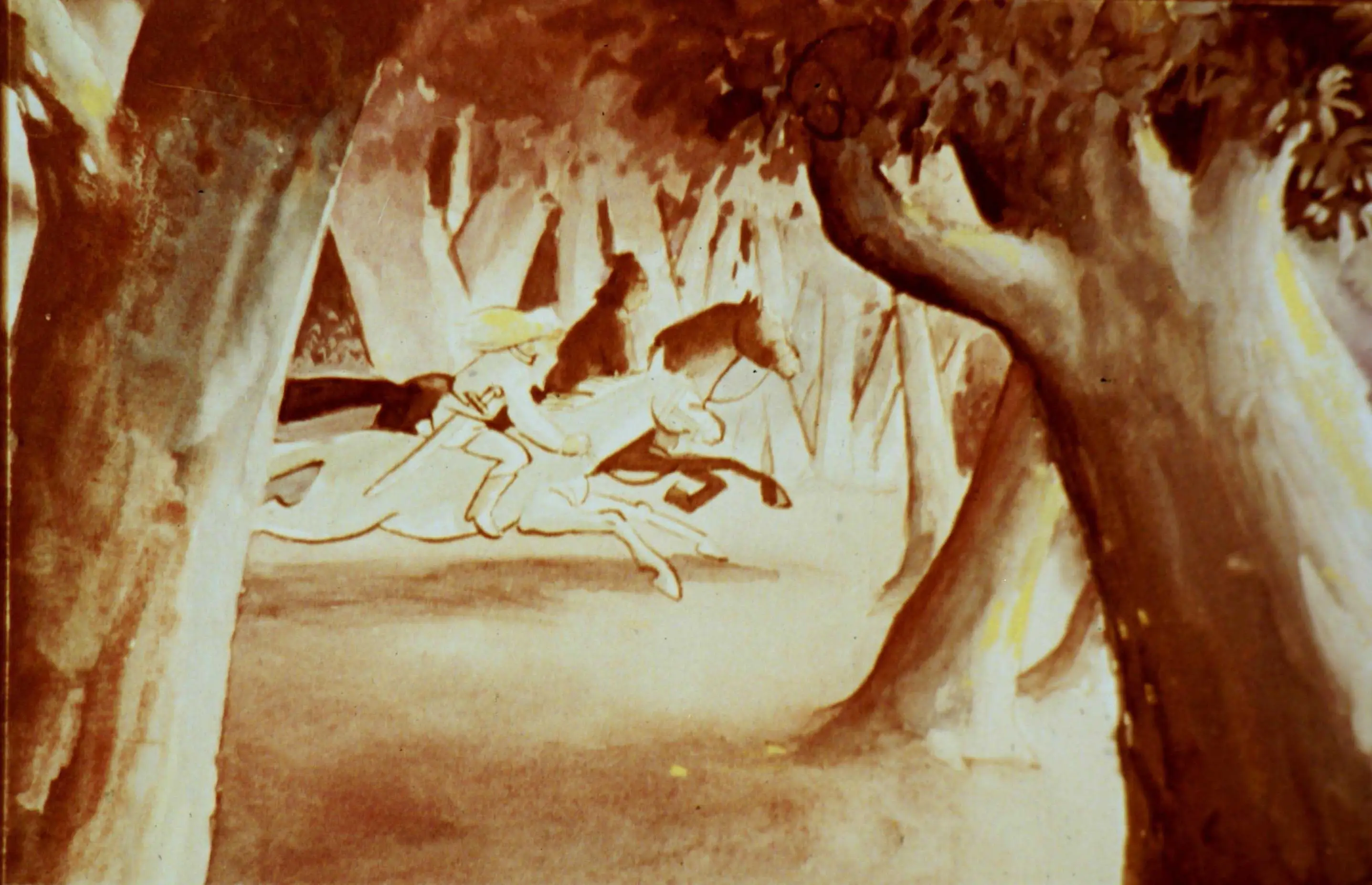 Imagine artistică de abia a unei persoane călare printr-o pădure, cu un text descriptiv în partea de jos.