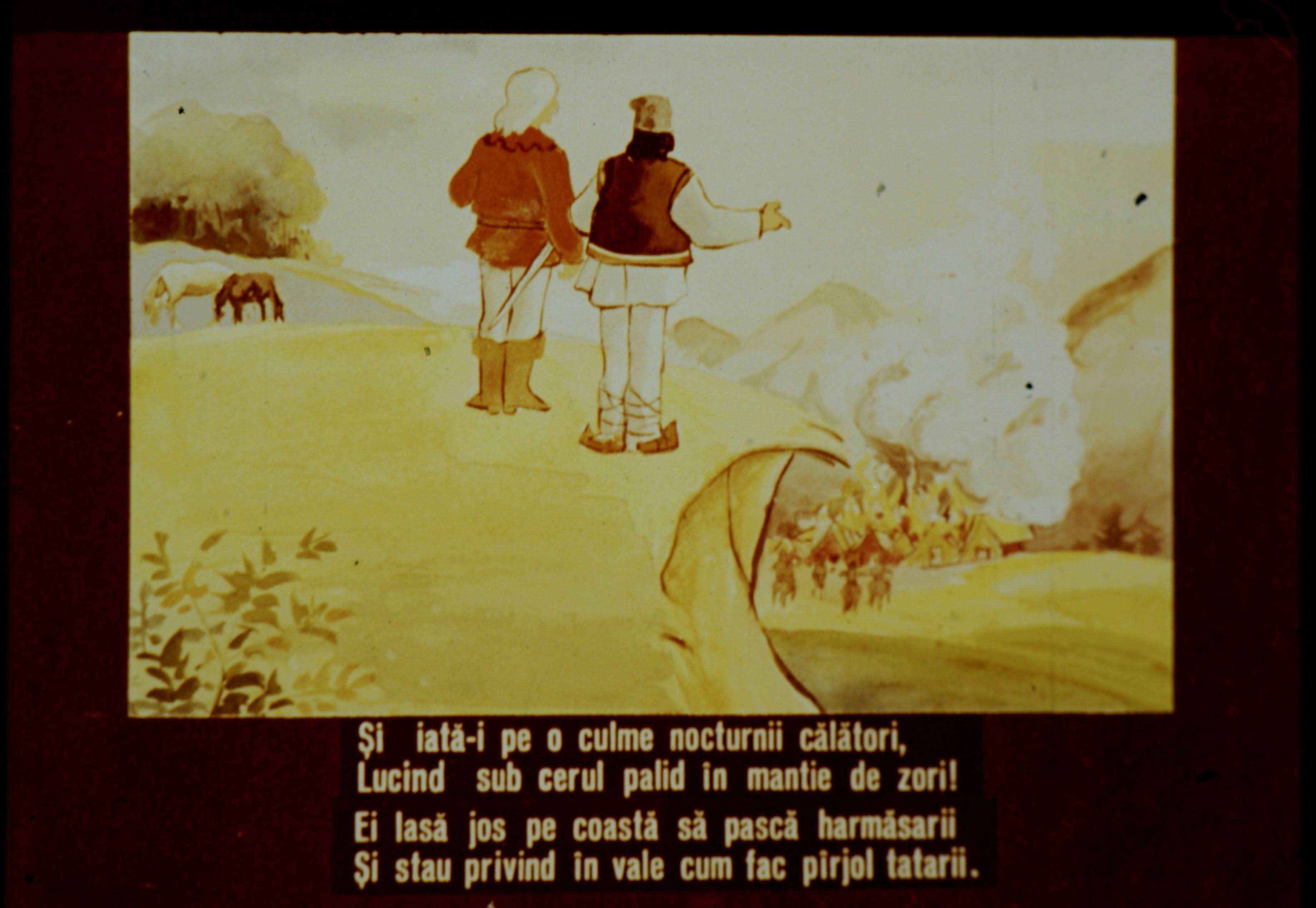 Ilustrație a călătorilor pe o culme, sub un cer palid, observând o scenă de pășunat, cu fundal de peisaj natural.