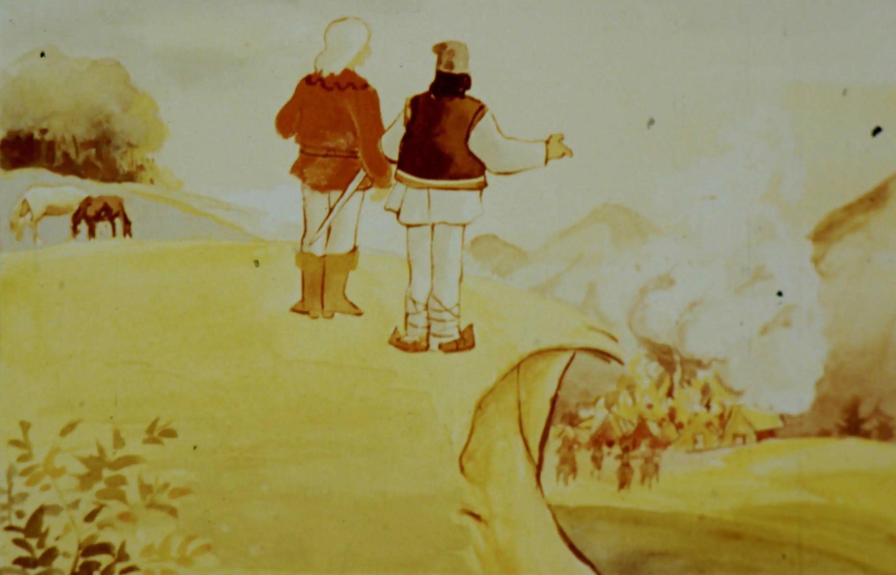 Ilustrație a călătorilor pe o culme, sub un cer palid, observând o scenă de pășunat, cu fundal de peisaj natural.