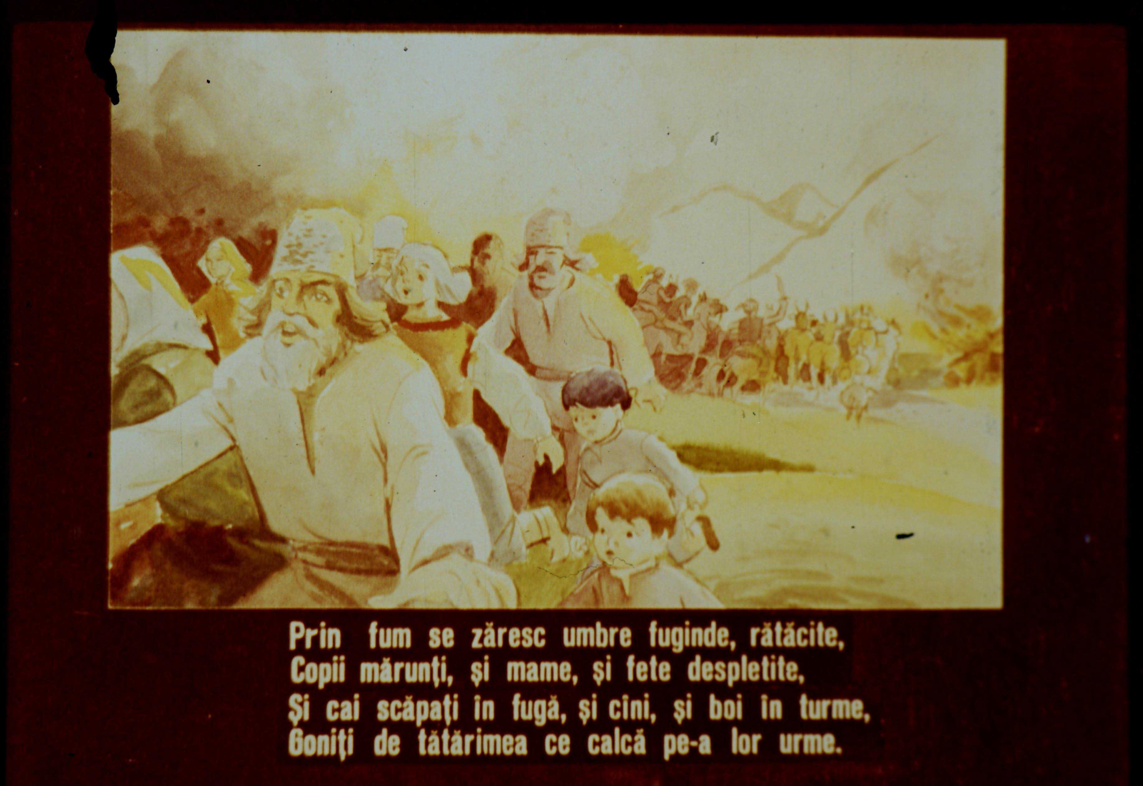 Imagine ilustrând o scenă de panică, cu personaje fugind printre umbre și fum, inclusiv copii și animale.